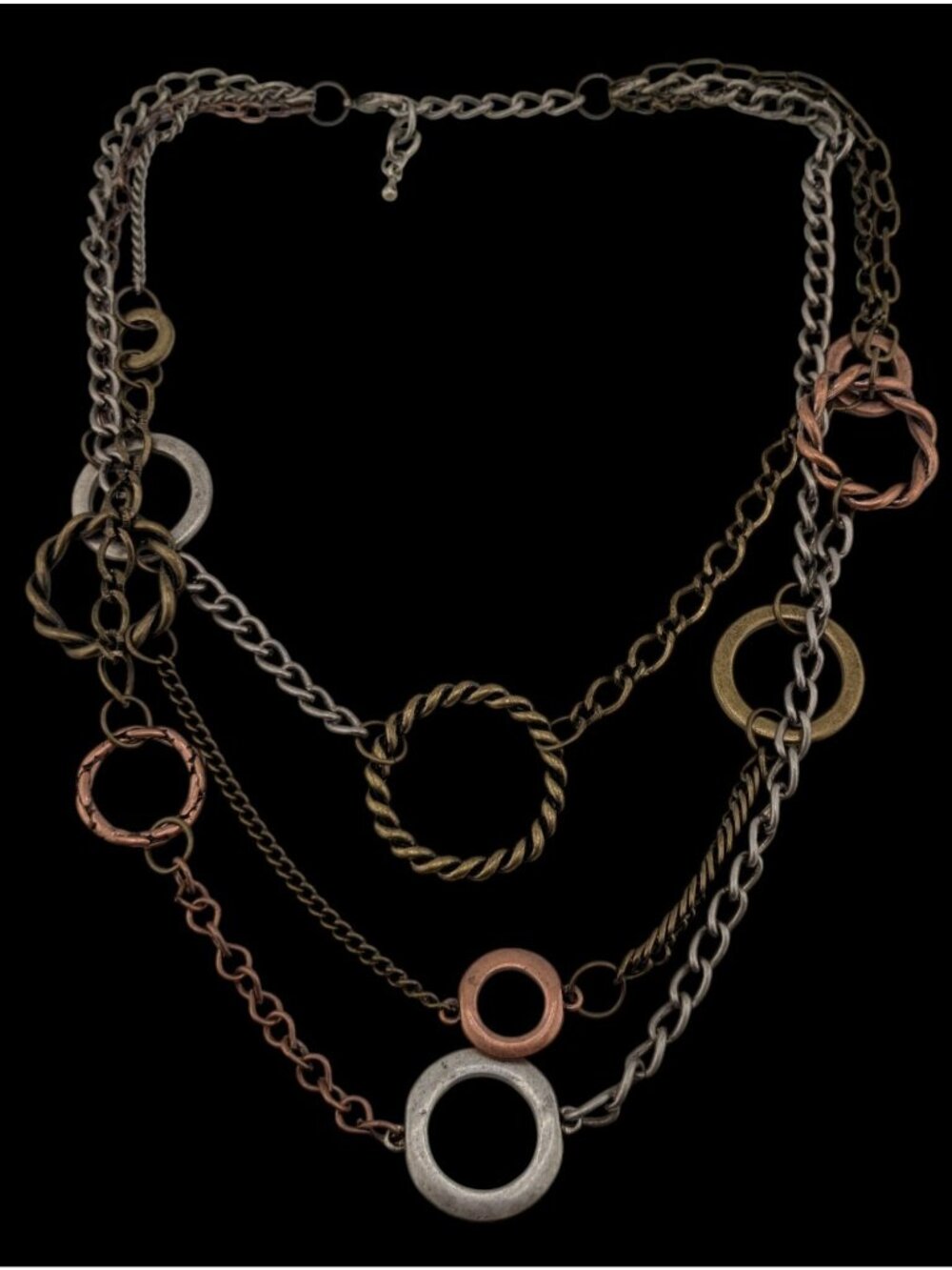 Distressed Layered Geometric Multi-Tone Necklace With Round Metal Rings & Chains
